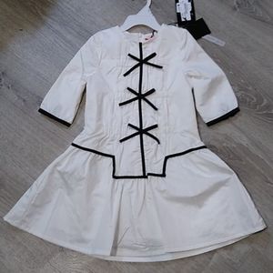 Nwot Melange Girl Rows dress white bows summer 5 ruched black piping 3/4 sleeves